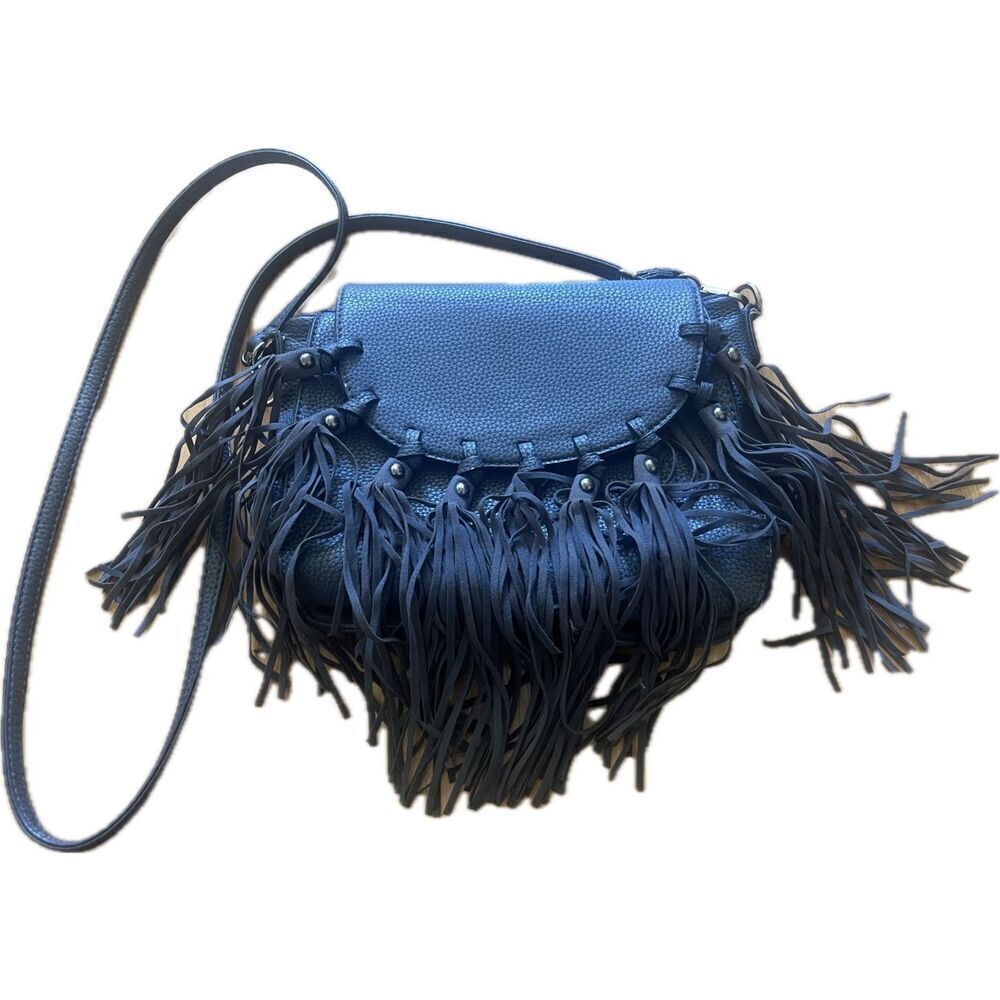 Black Rivet Brand Leather Tassel Shoulder Purse